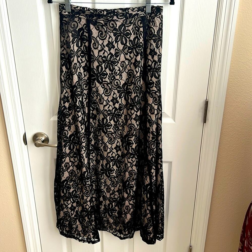 Established 1962 Lace‎ Overlay Midi Skirt Elegant Party Black Beige - Size Small